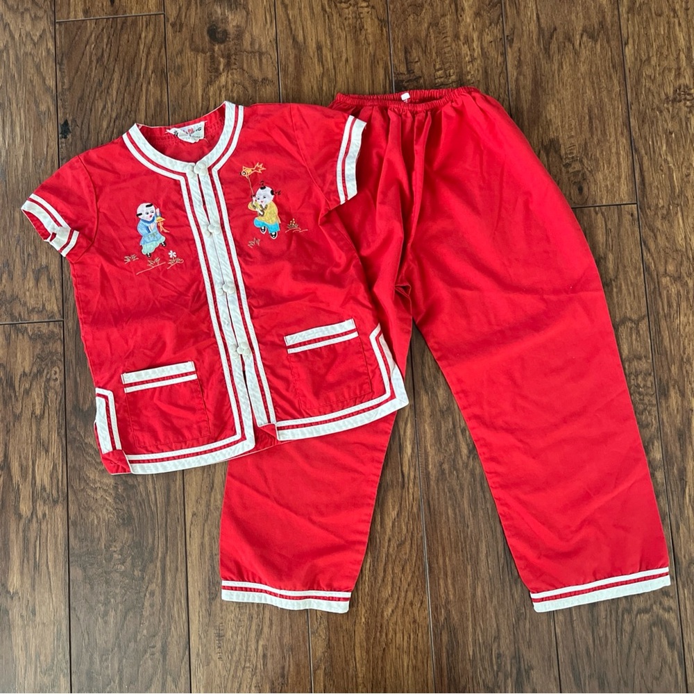 Vintage Red Asian Duckling Kids Youth Loungewear Pajamas Set Size 6